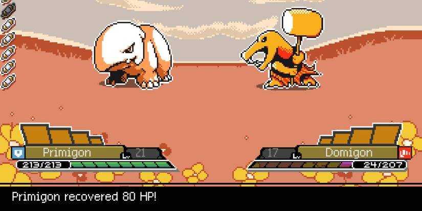 A monster with a bone plate over its head battles a lizard with a hammer; on the bottom it says that the bone-headed monster was healed for 80HP