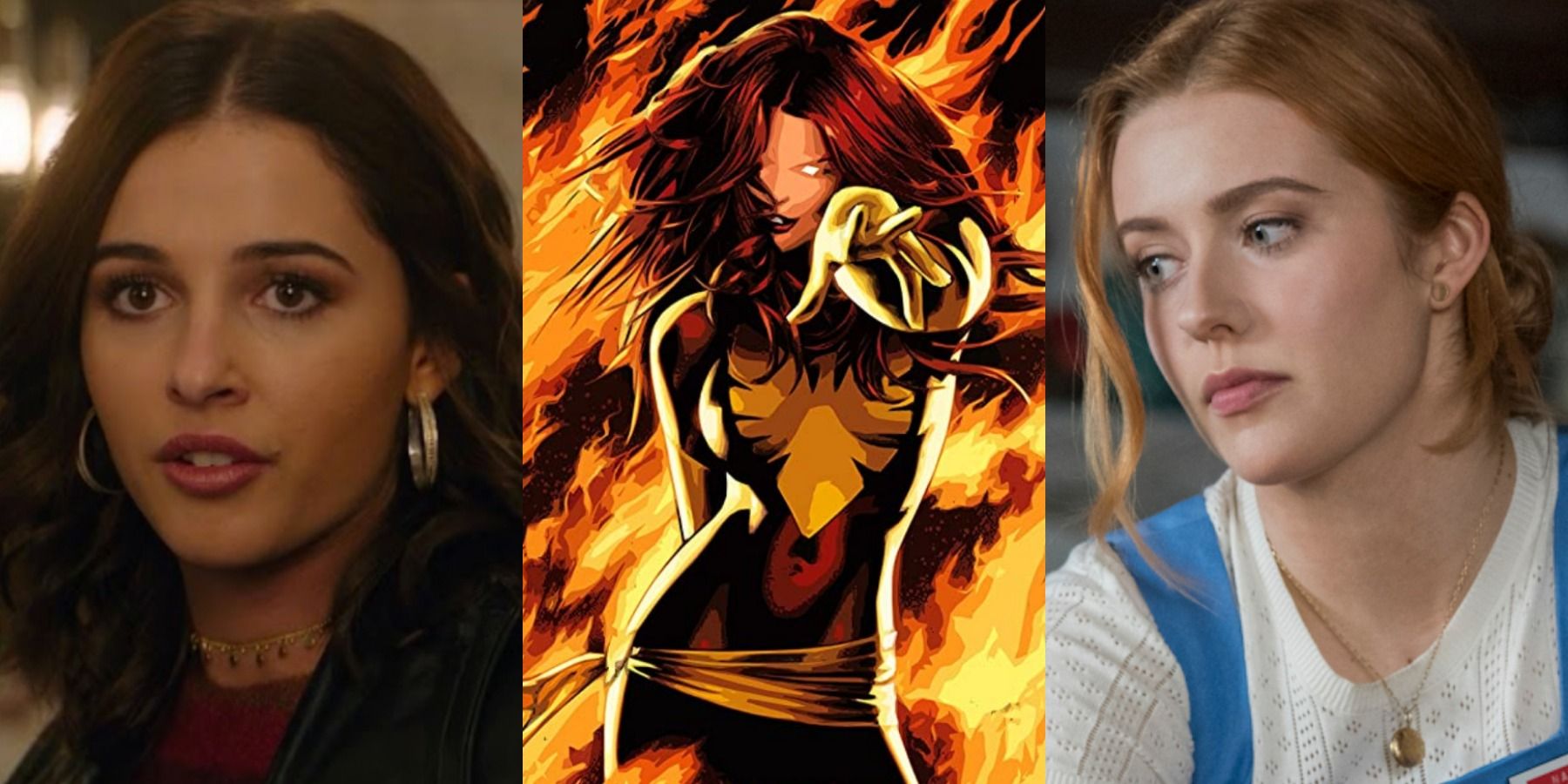 A split image depicts Naomi Scott in Charlie's Angels, Jean Grey as the Phoenix in Marvel Comics, and Kennedy McMann as Nancy Drew