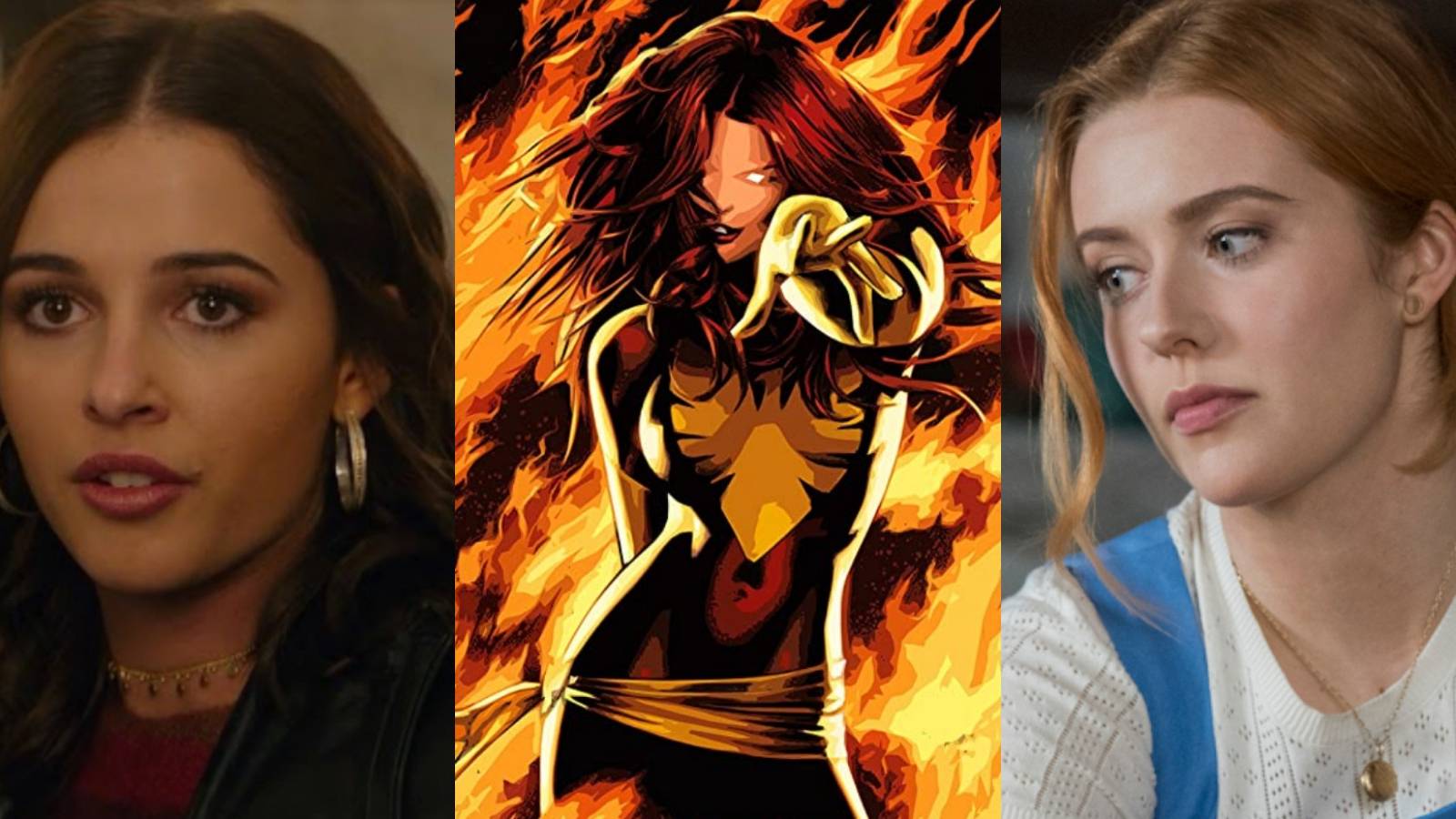 A split image depicts Naomi Scott in Charlie's Angels, Jean Grey as the Phoenix in Marvel Comics, and Kennedy McMann as Nancy Drew