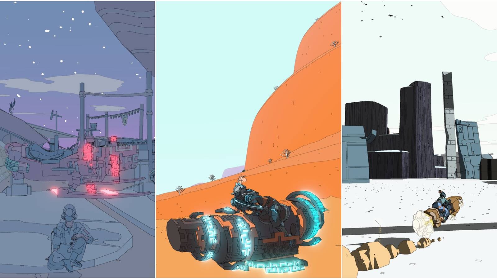 Sable in front of a glowing red bike; Sable on a glowing, blue bike in front of sand dunes; Sable riding a jetbike toward a wrecked spachship