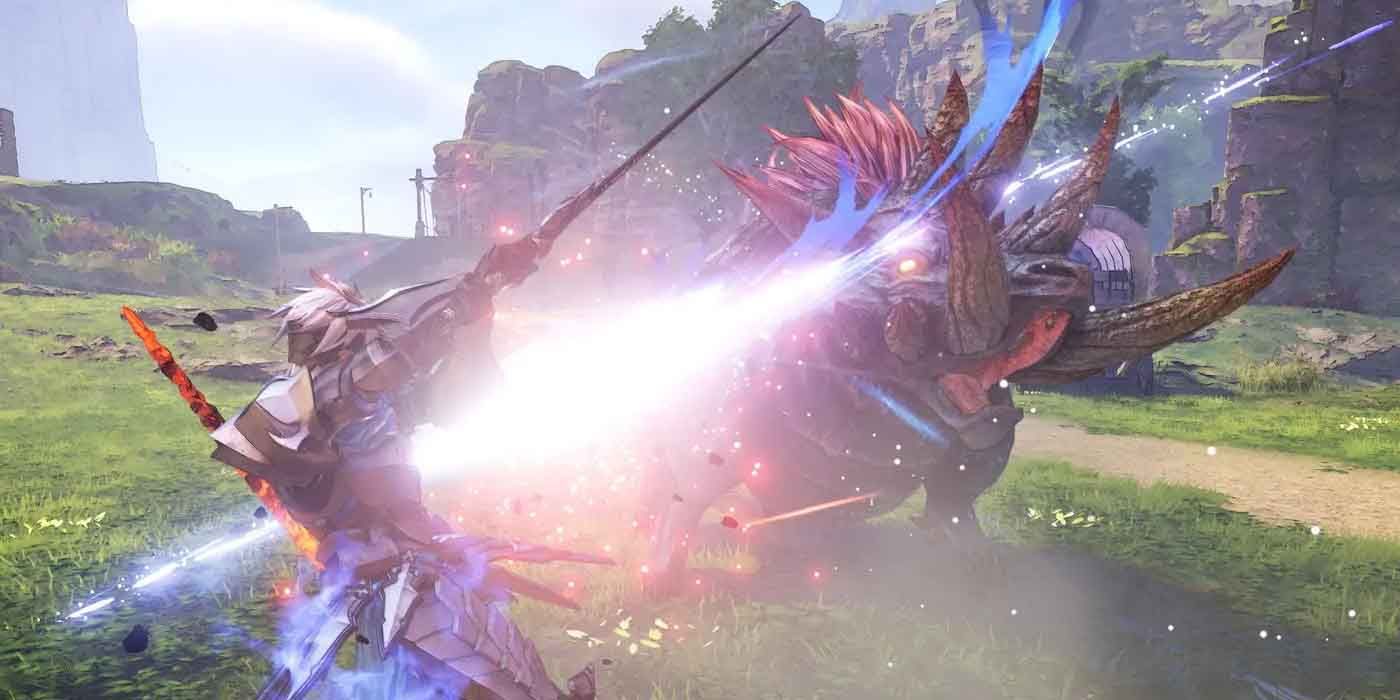 Alphen attacking a creature with his sword in Tales of Arise