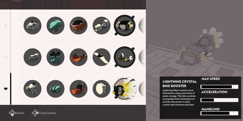 vehicle customization with parts on the right side and the Lightning Crystal bike on the right