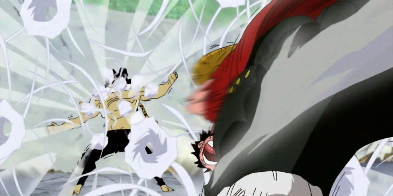 Luffy attacks Lucci with Jet Gatling