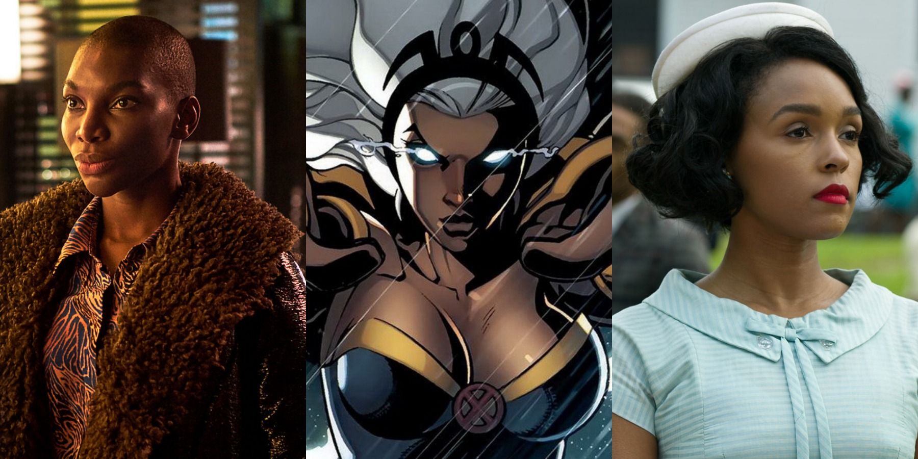 A split image depicts Michaela Coel in I Will Destroy You, Storm in Marvel Comics, and Janelle Monae in Hidden Figures