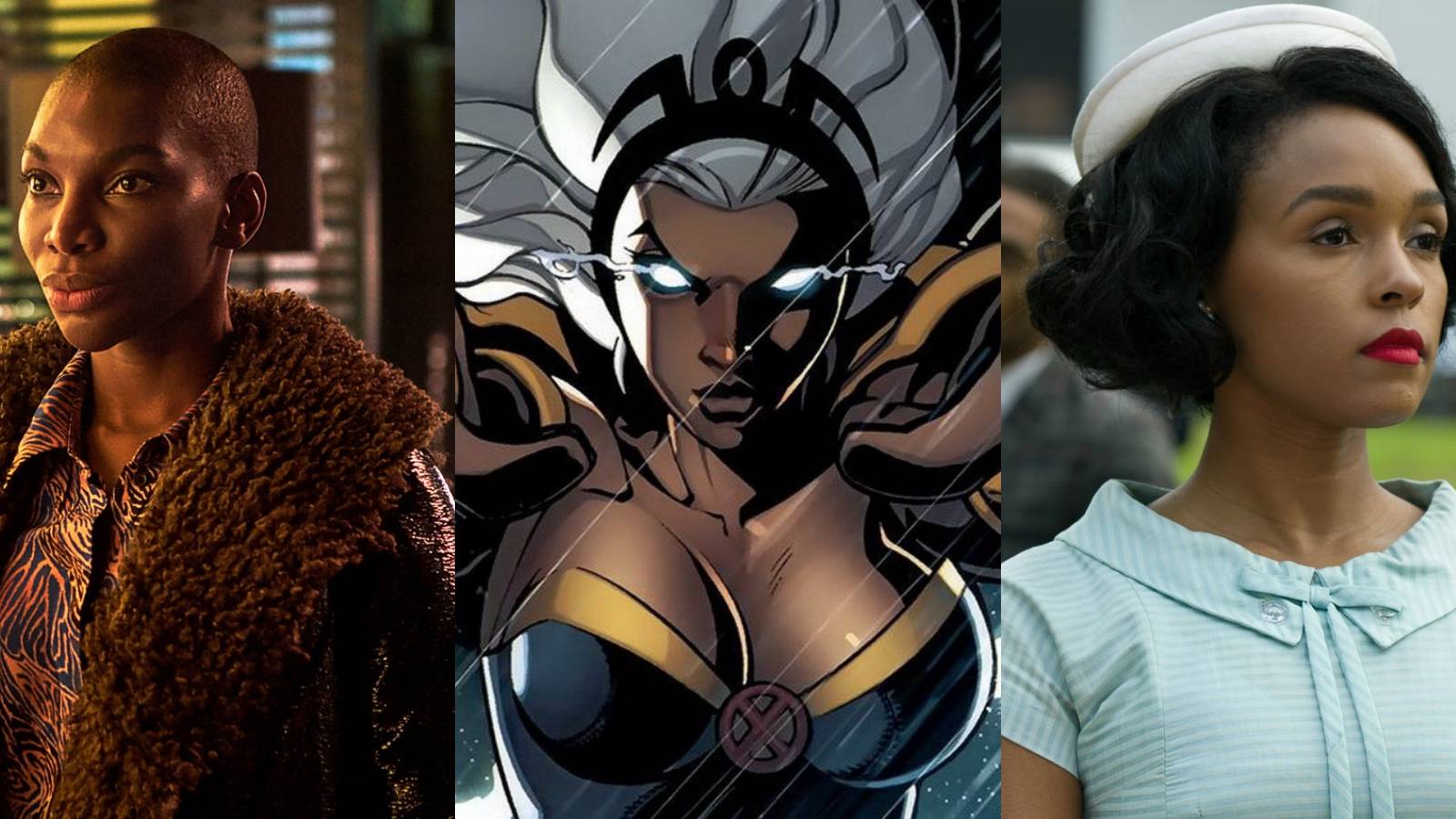 A split image depicts Michaela Coel in I Will Destroy You, Storm in Marvel Comics, and Janelle Monae in Hidden Figures