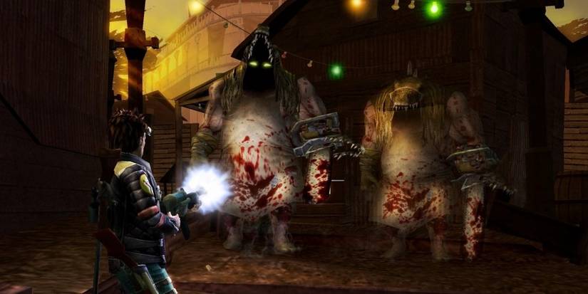 Man shooting at two large ghosts Ghosthunter