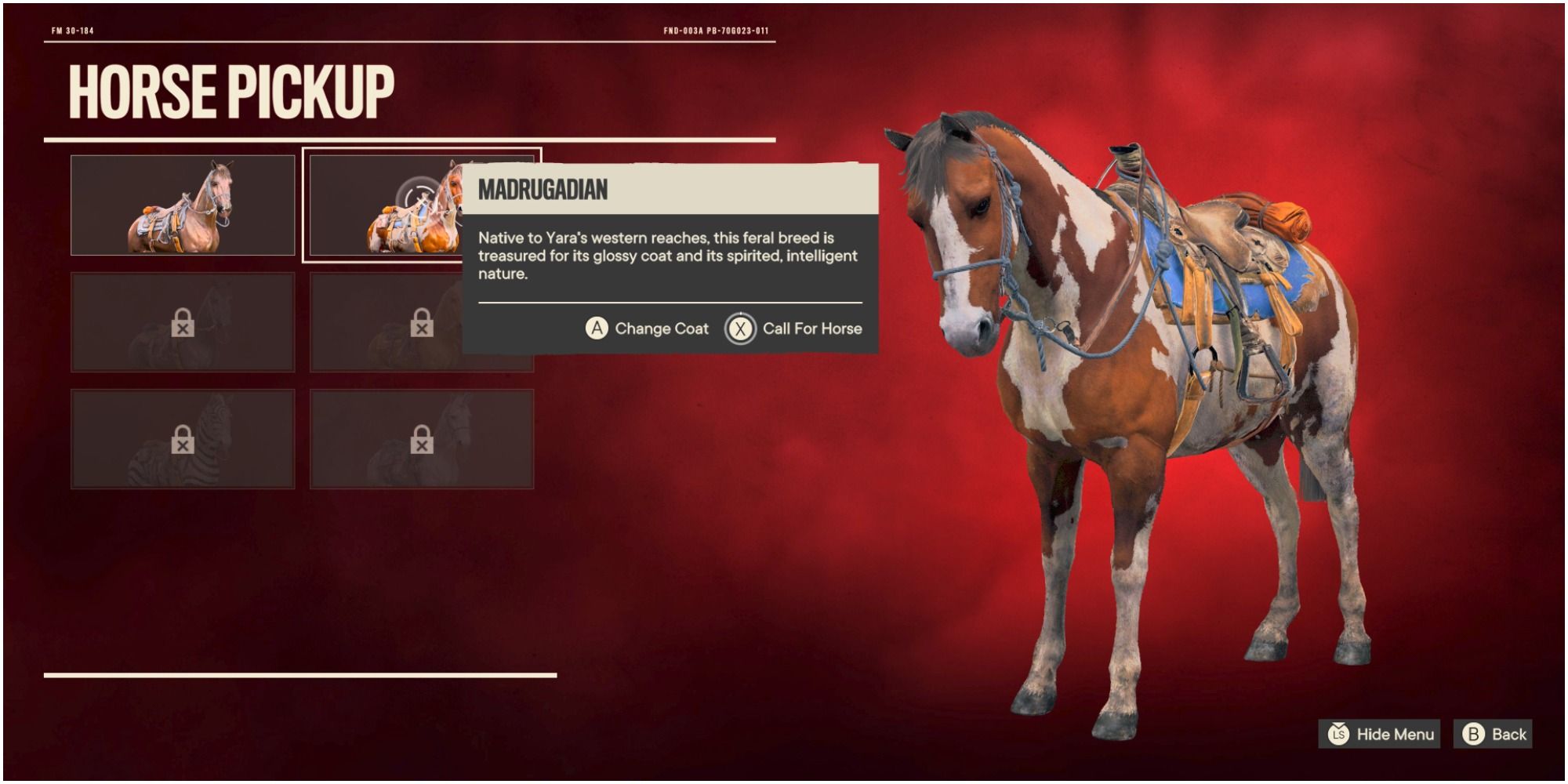 Selecting the Madrugardian horse in the Pickup menu