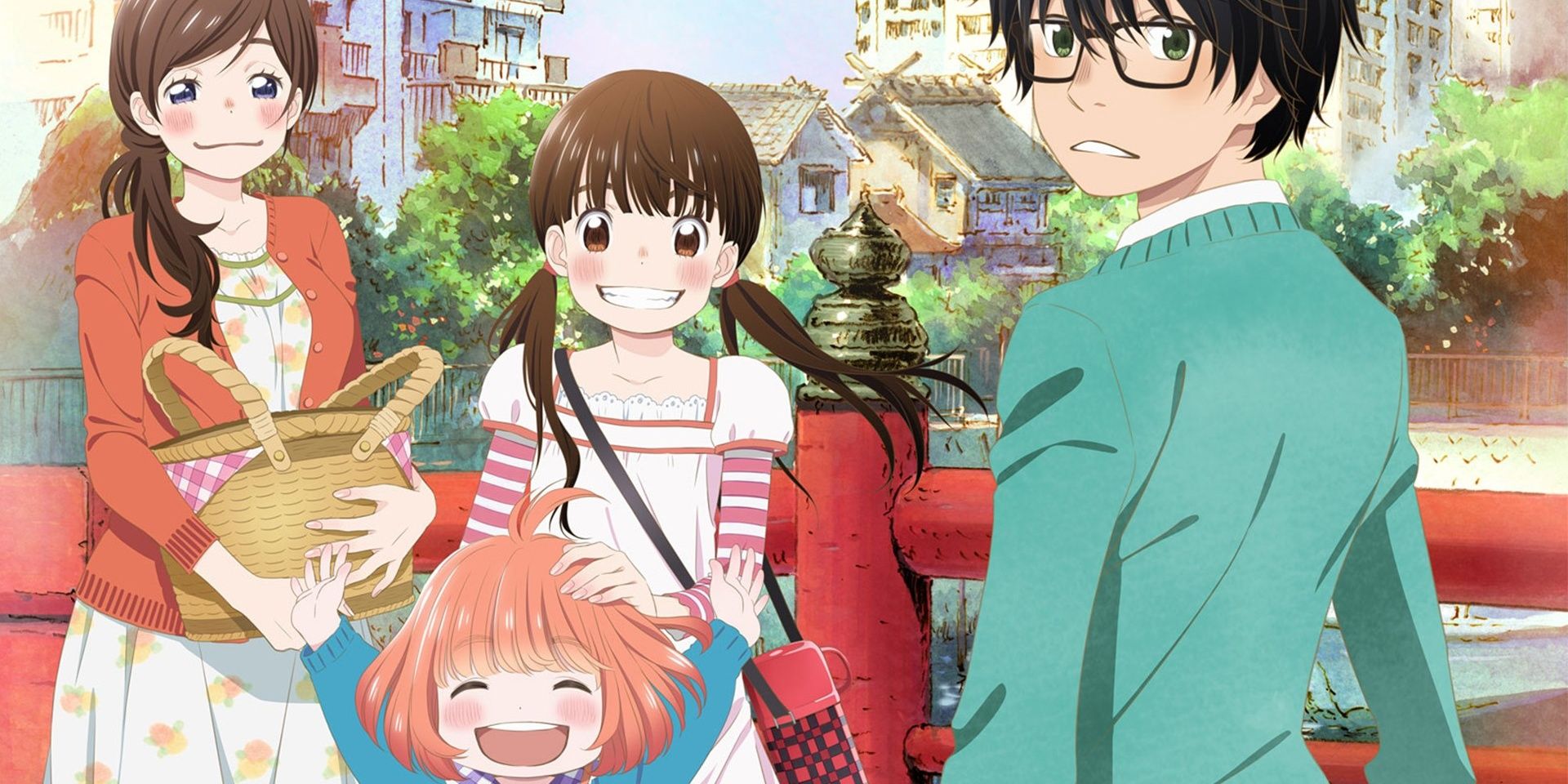 Rei with the Kawamoto sisters- Akari, Hinata, and Momo- with a city background