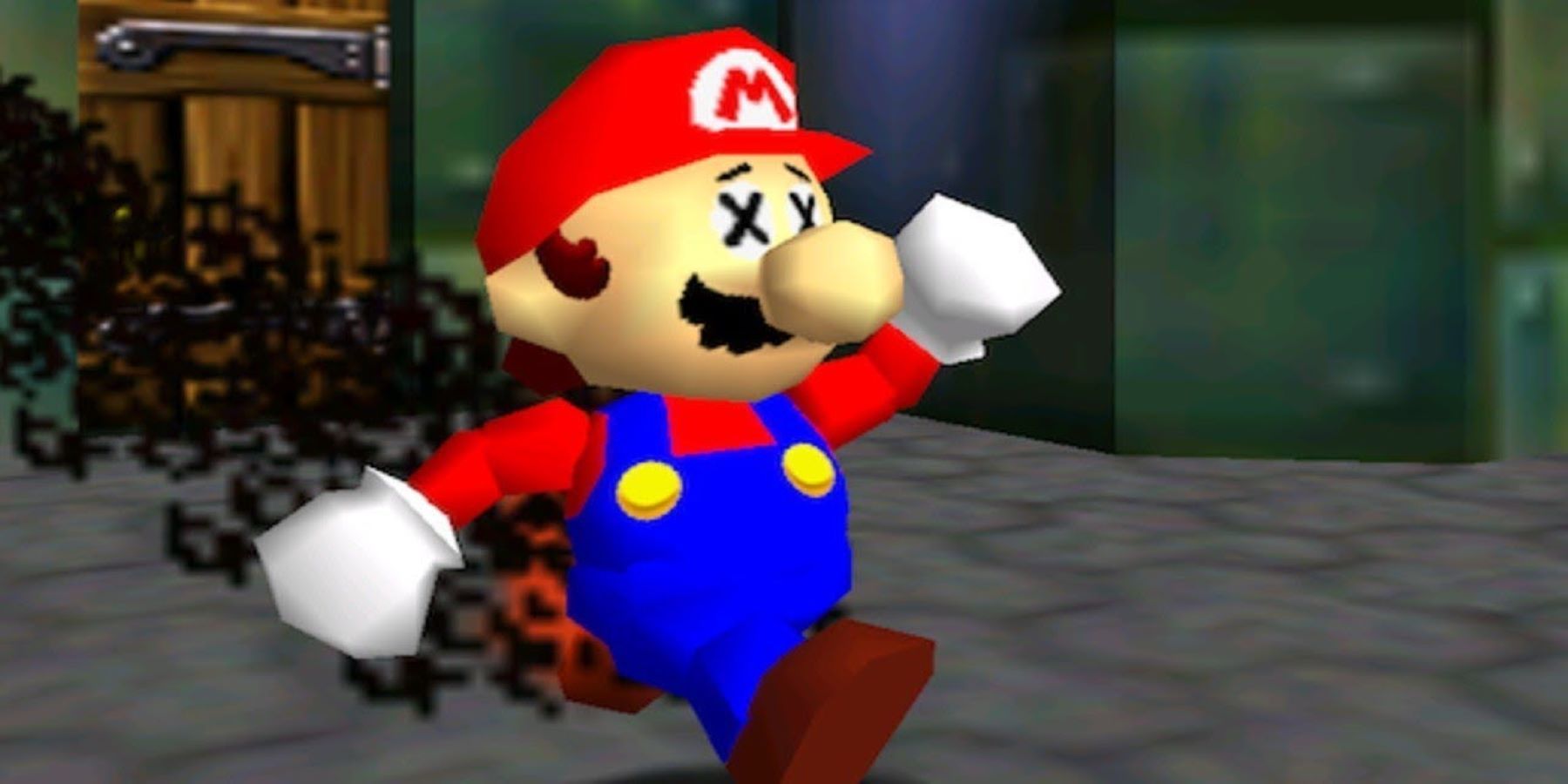 Mario running through Peach's Castle while on fire in Super Mario 64