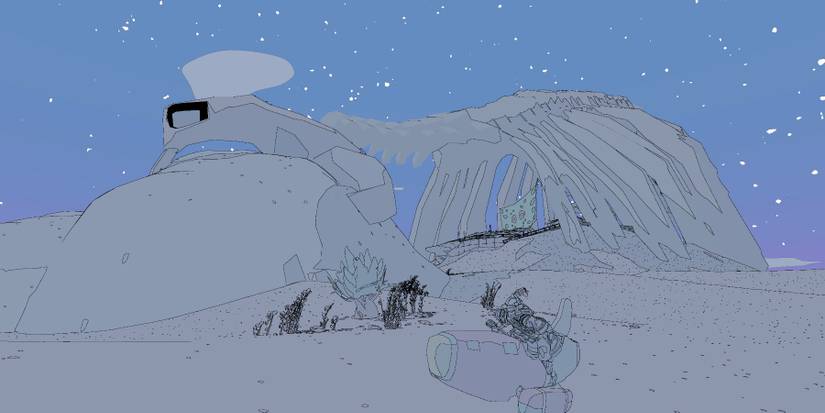 Sable sitting on her jetbike in front of a giant dragon skeleton with the skull resting on a sand dune