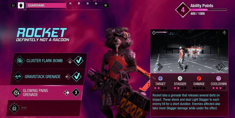 Marvel’s Guardians of The Galaxy rocket ability select screen