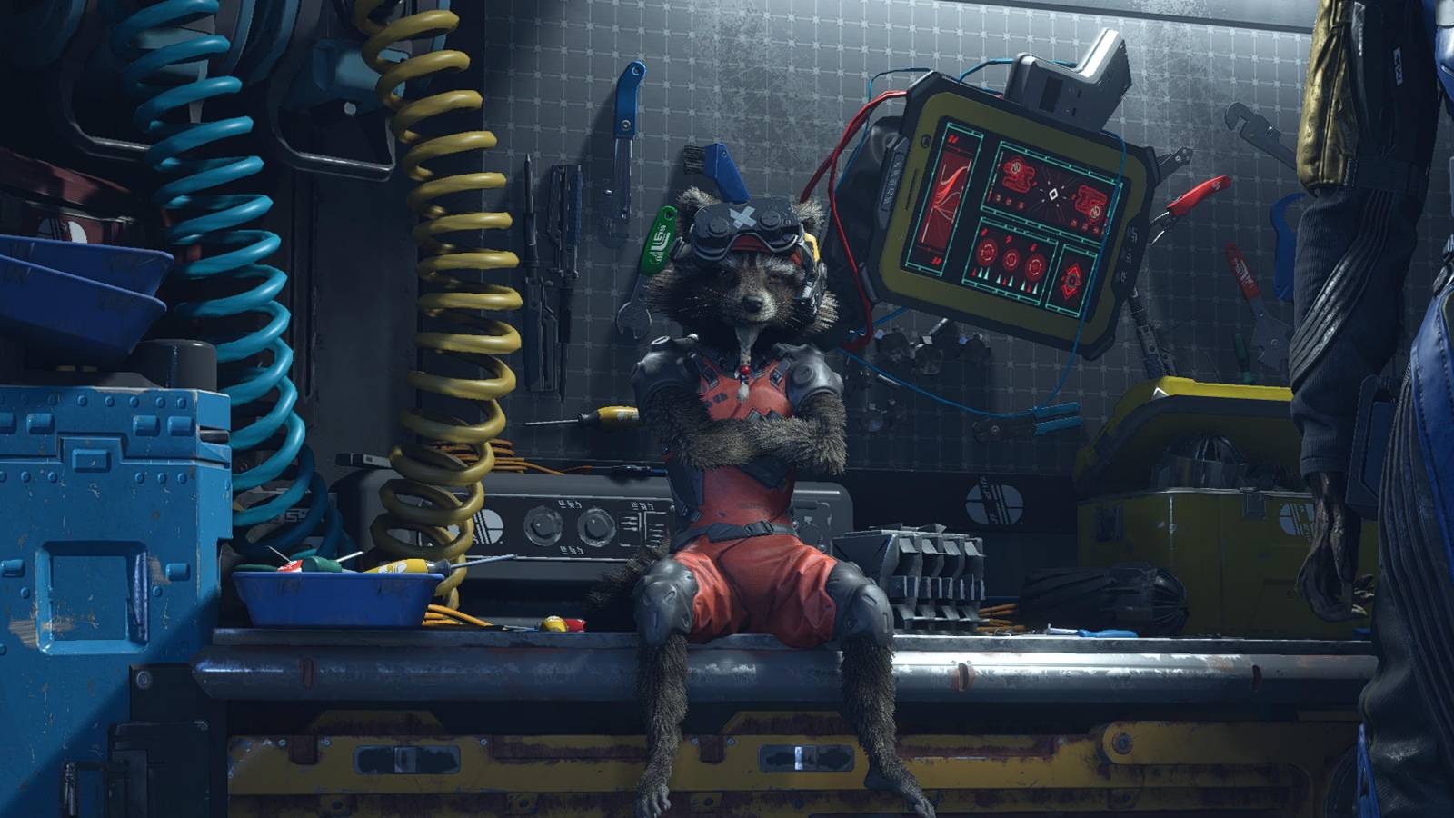 Marvel’s Guardians of The Galaxy rocket racoon on workbench in milano ship