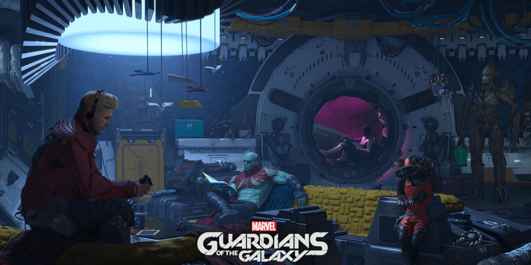 Marvel’s Guardians of The Galaxy start screen star-lord peter quill draz rocket groot gamora
