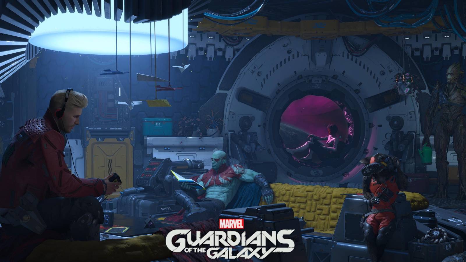 Marvel’s Guardians of The Galaxy start screen star-lord peter quill draz rocket groot gamora
