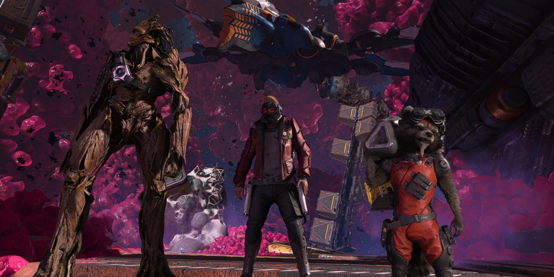 Marvel’s Guardians of The Galaxy star-lord peter quill groot and rocket in quarantine zone