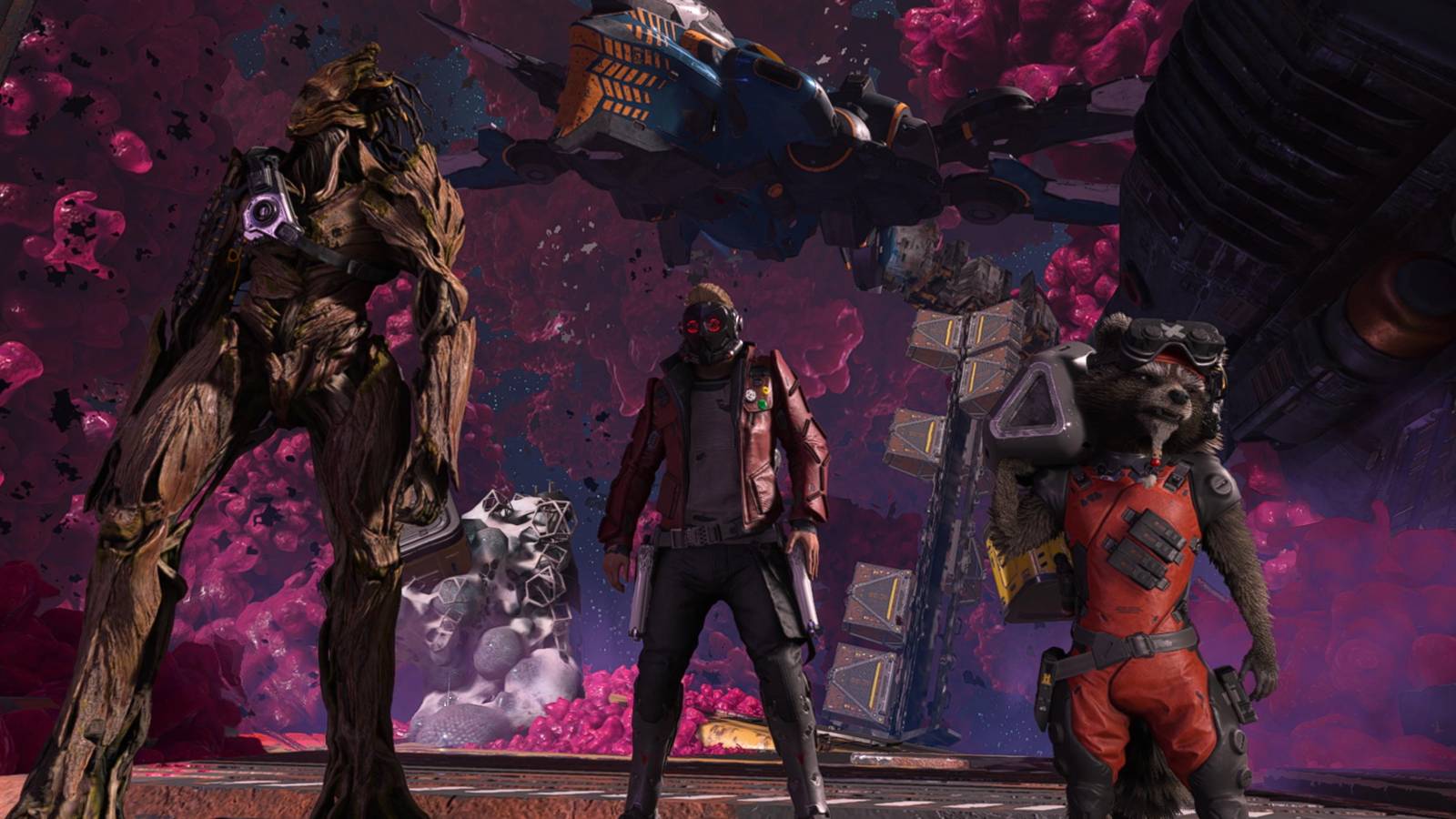 Marvel’s Guardians of The Galaxy star-lord peter quill groot and rocket in quarantine zone