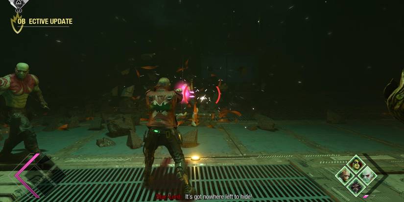 Marvel’s Guardians of The Galaxy star-lord peter quill in combat with drax shooting