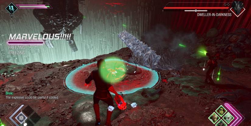 Marvel’s Guardians of The Galaxy star-lord peter quill flying and looking at explosive