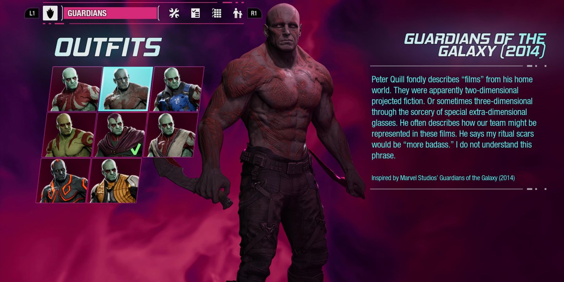 Marvel’s Guardians of the Galaxy outfit screen drax