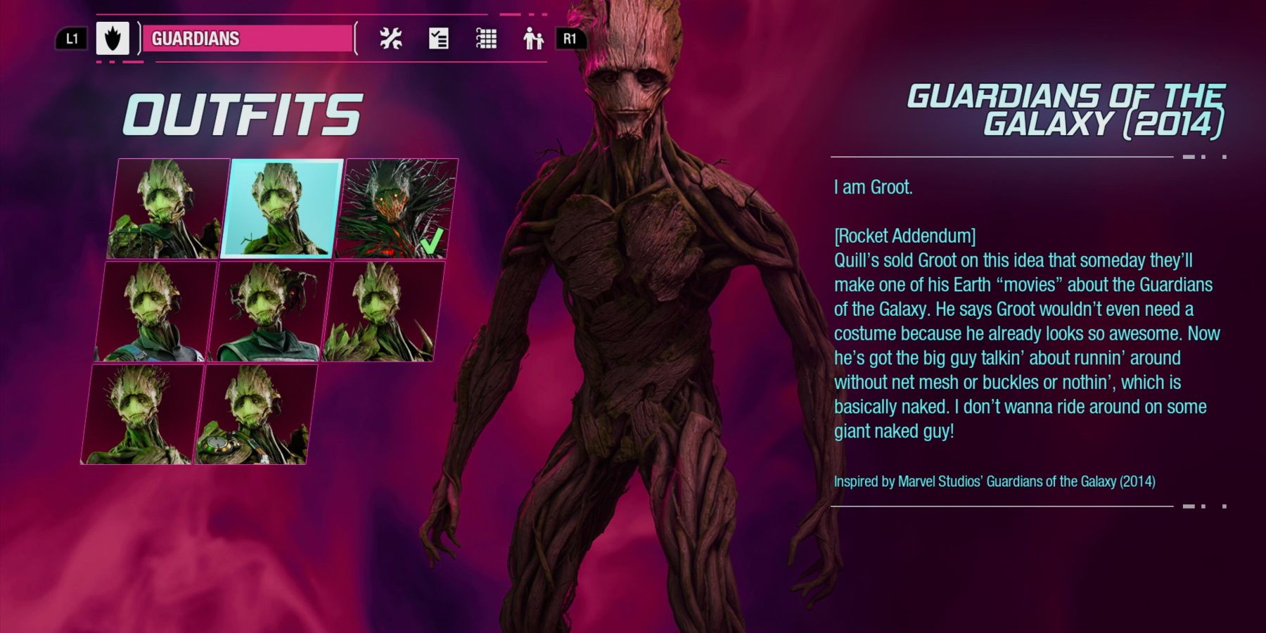 Marvel’s Guardians of the Galaxy groot outfit selection screen