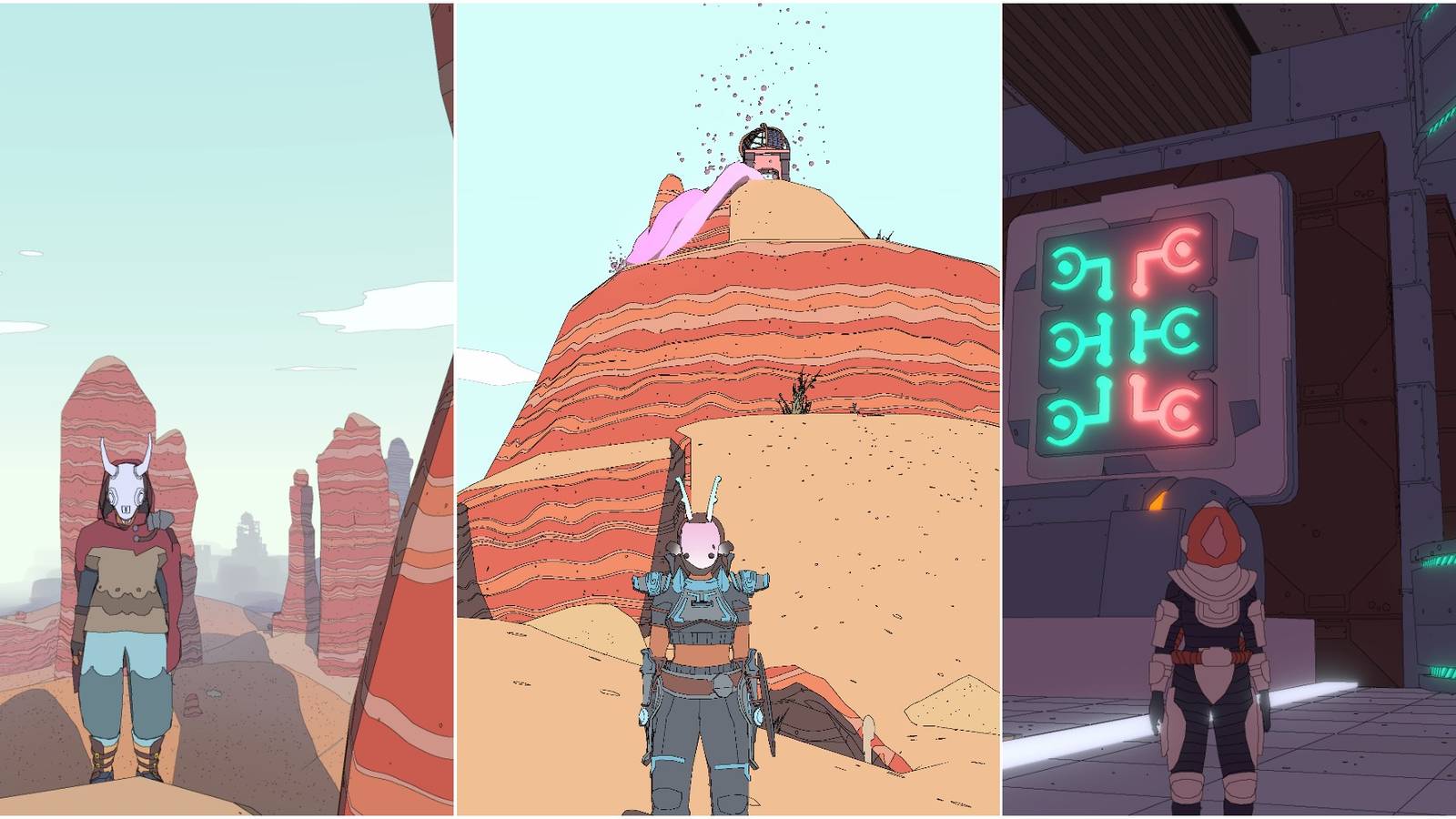 Sable in an ibex skull mask; Sable in a pink/white antlered mask; Sable in an astronaut suit