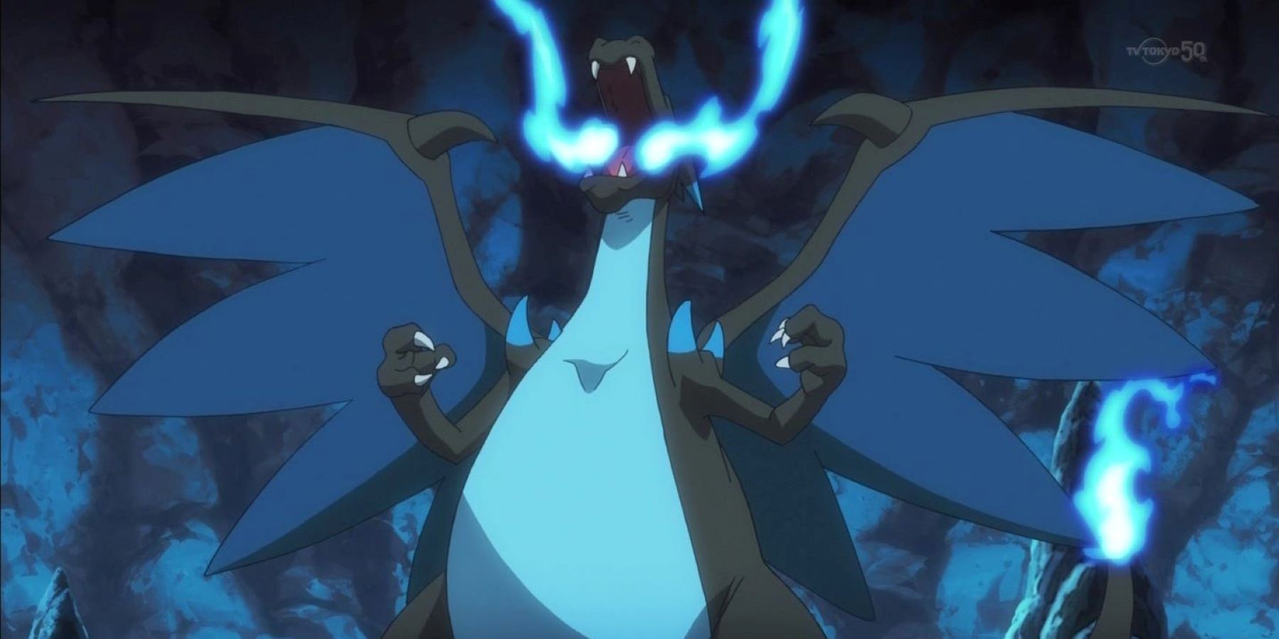 Red's Mega Charizard X getting ready to attack in a Pokemon anime