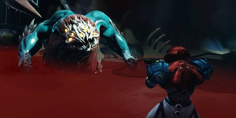 Fighting a boss in Metroid Dread 