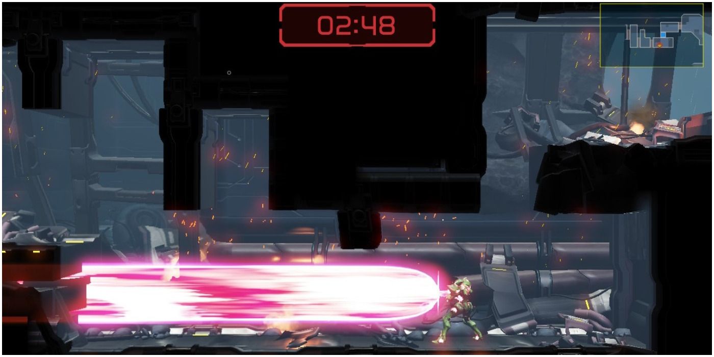 Metroid Dread Samus blowing away obstacles as she escapes