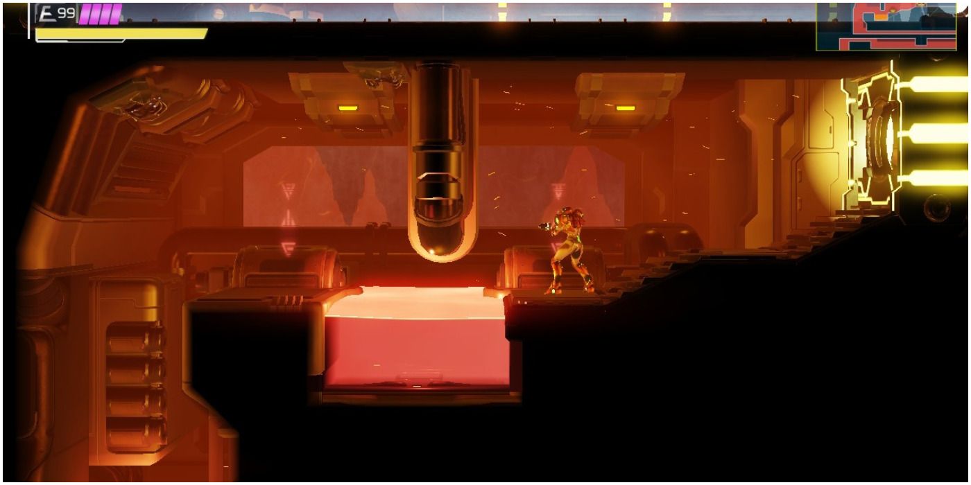 Metroid Dread Samus standing in front of a pit of lava
