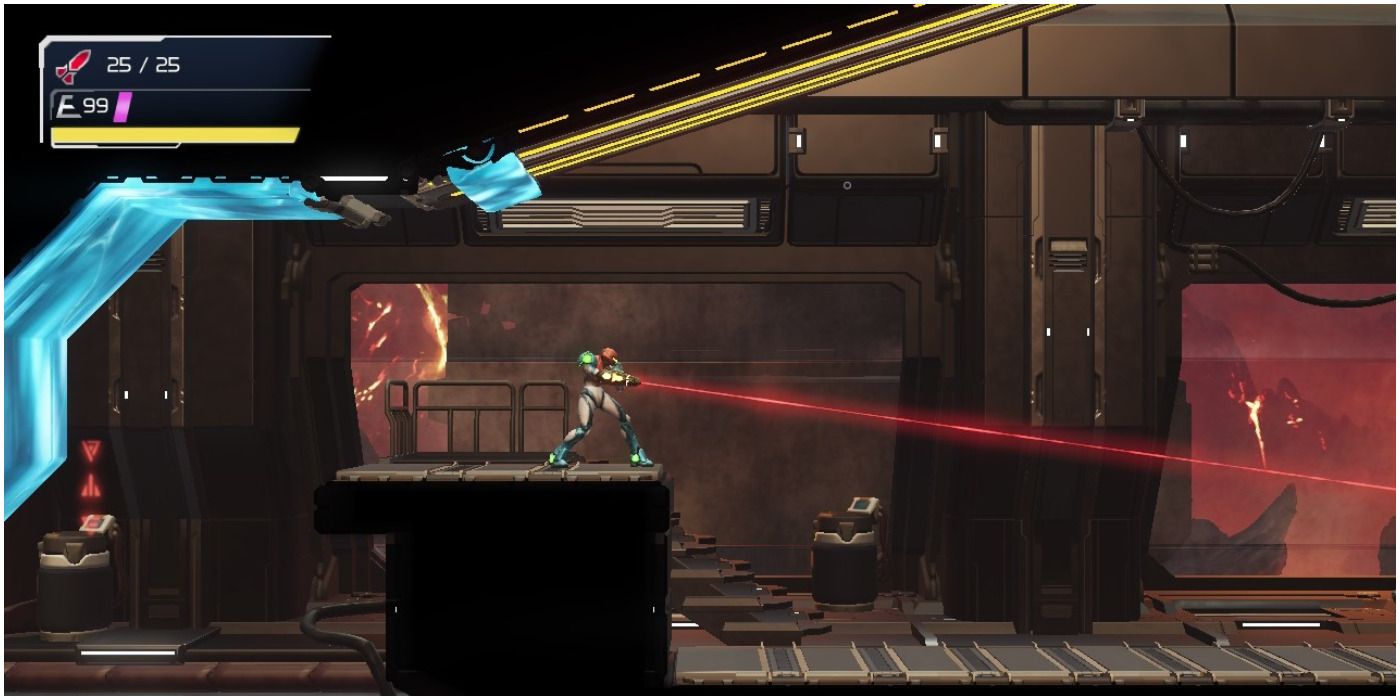 Metroid Dread Samus aiming with her infrared laser