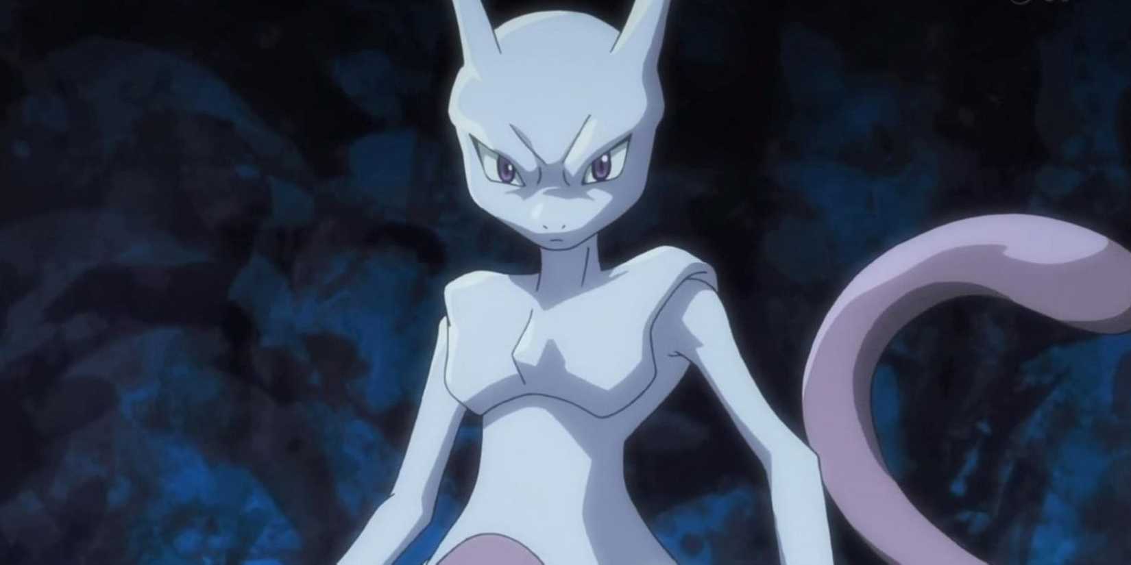 Mewtwo standing in Cerulean Cave before fighting Red in the Pokemon Origins anime