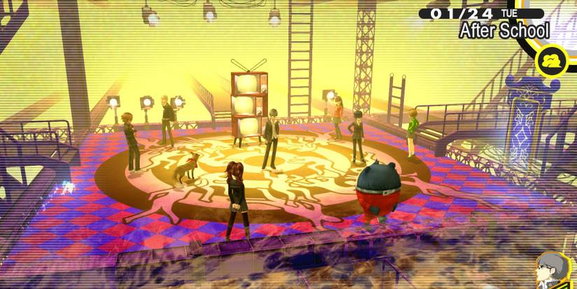 Persona 4 characters gathered on large target symbol.