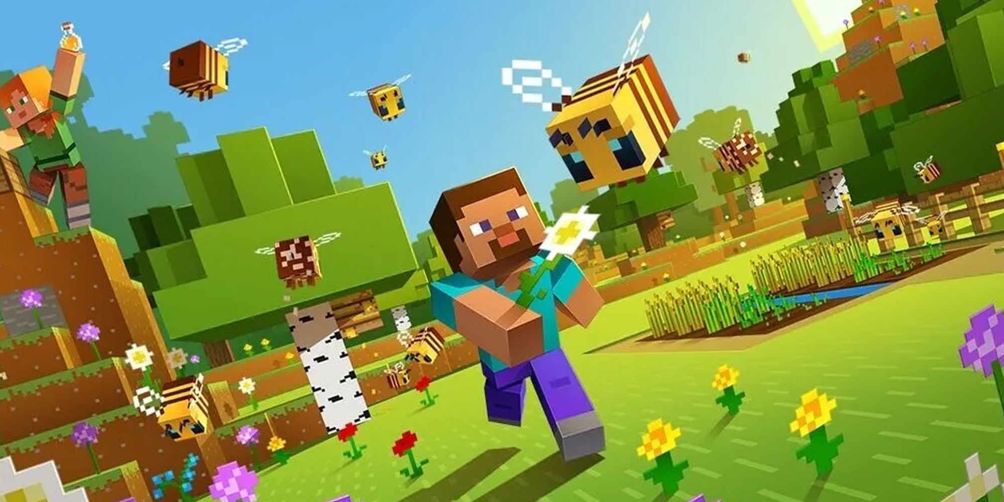 Minecraft Steve with bees in field