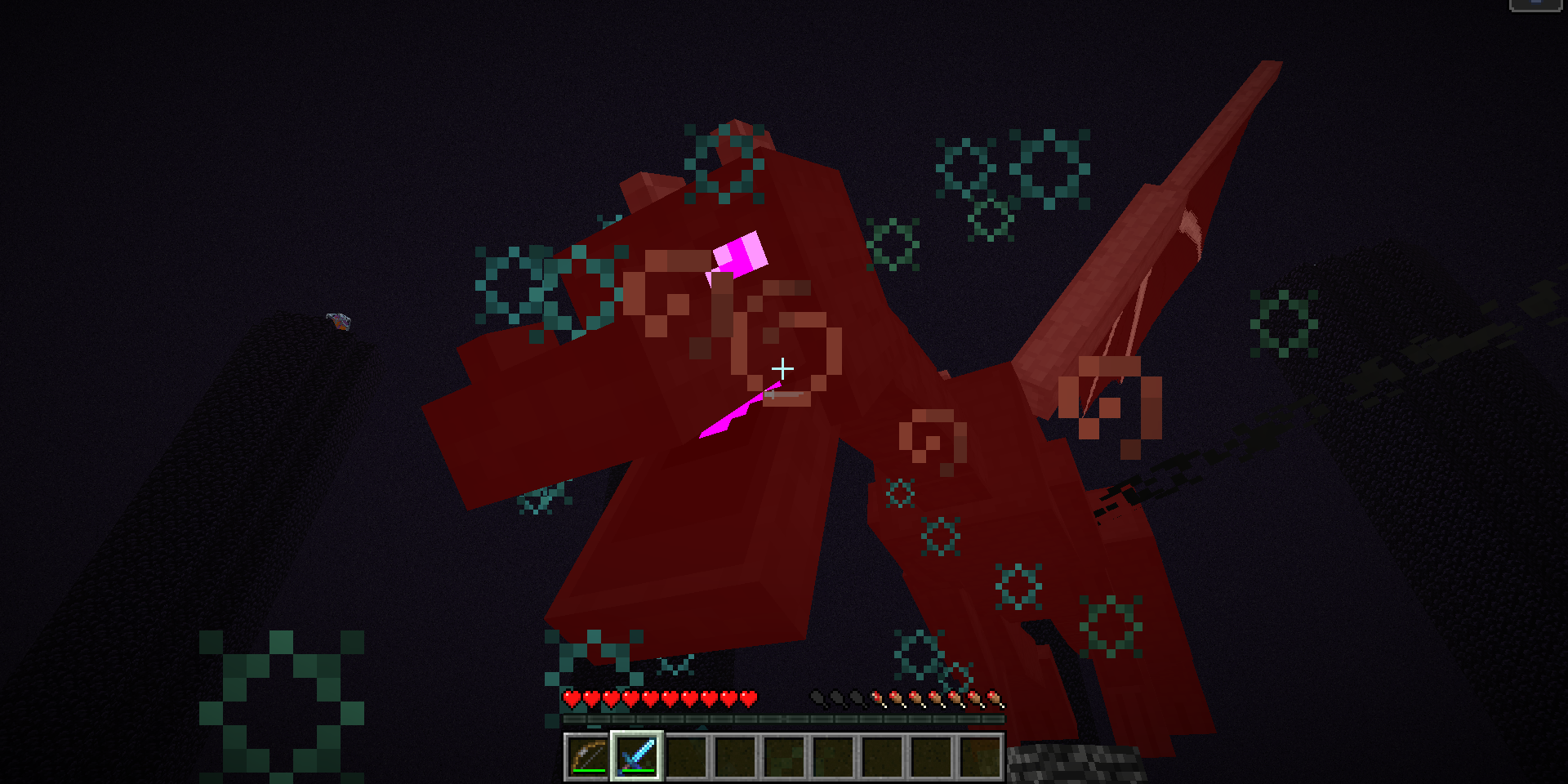 Player hitting the dragon with a sword in Minecraft