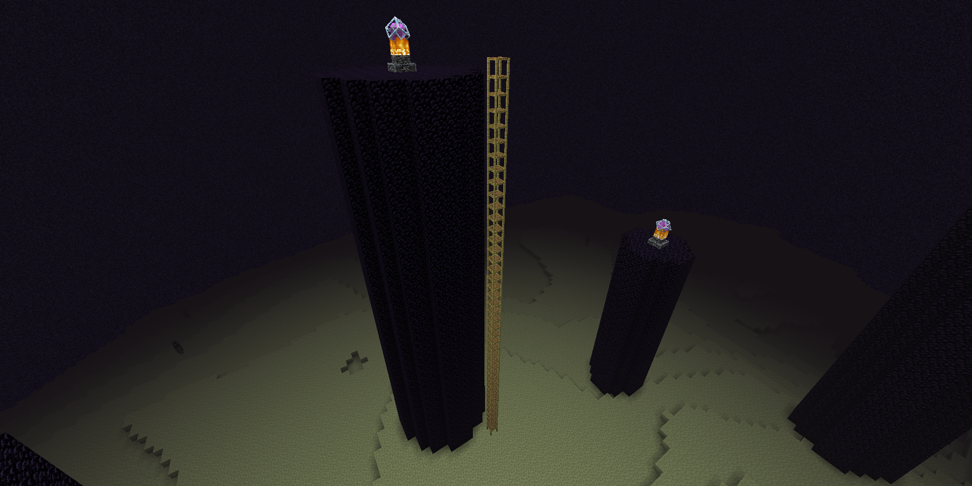 Scaffolding next to an obsidian tower in Minecraft