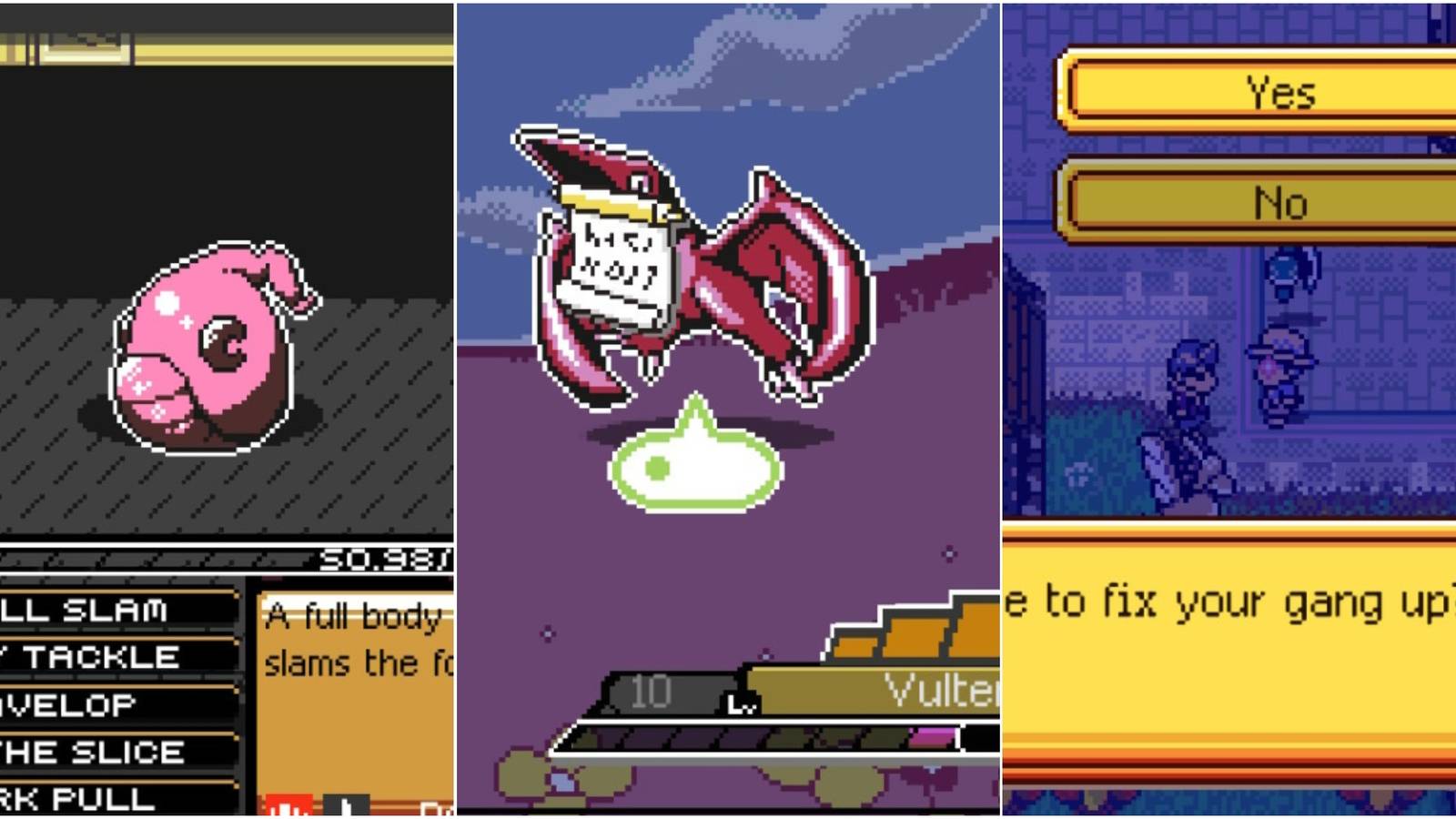 a pink egg with a list of attacks below; a pterodactyl reads a contract with an ellipses under it; a man asks the main character if he wants his gang fixed up