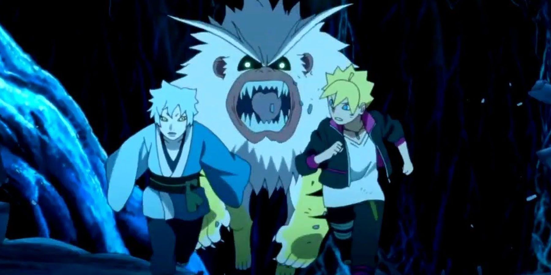 Mitsuki and Boruto running from Nue