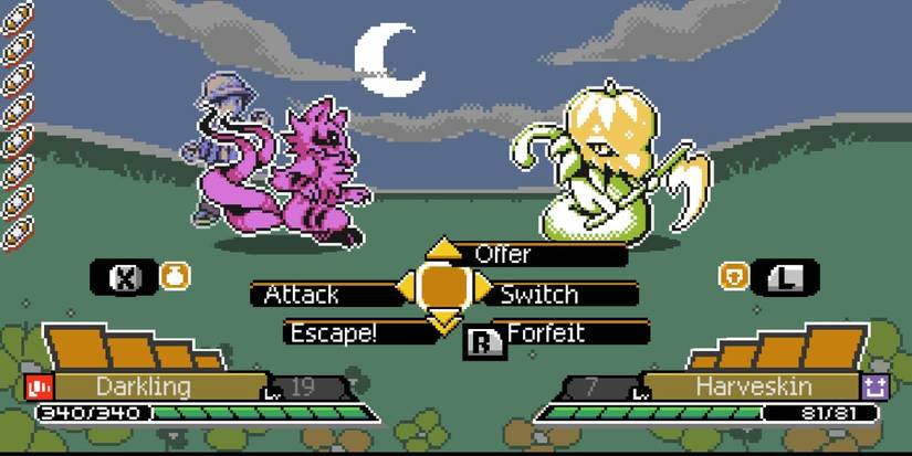 A purple fox battles a pumpkin with a scythe with a battle menu between them 