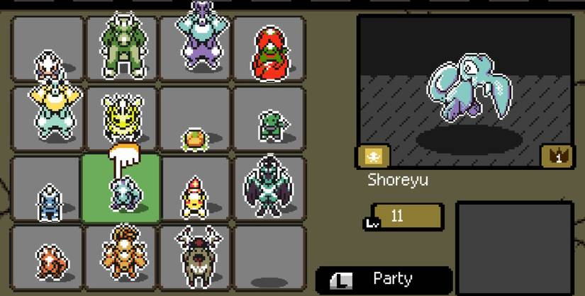 A grid based menu with various different monster sprites; on the right a close up of a shrimp-like monster with a large beak