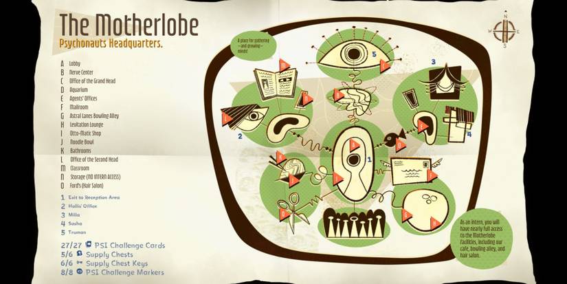 A map of the Motherlobe area with a picture representation on the right side and a list of locations on the left