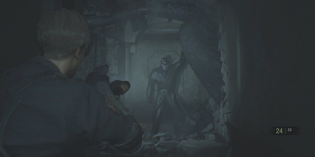 Leon pointing gun at Mr. X.