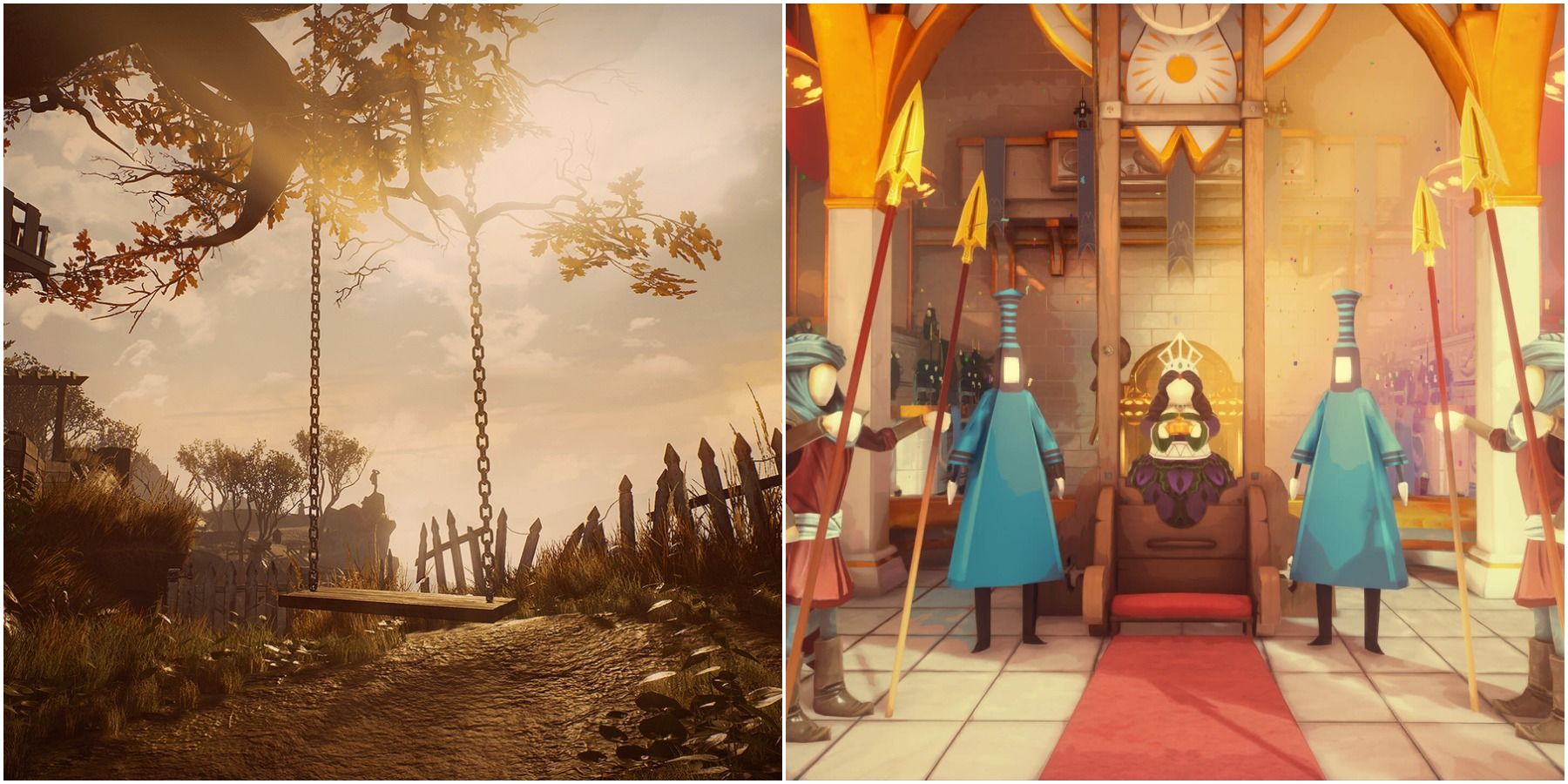 Split image of empty swing and queen with crown.