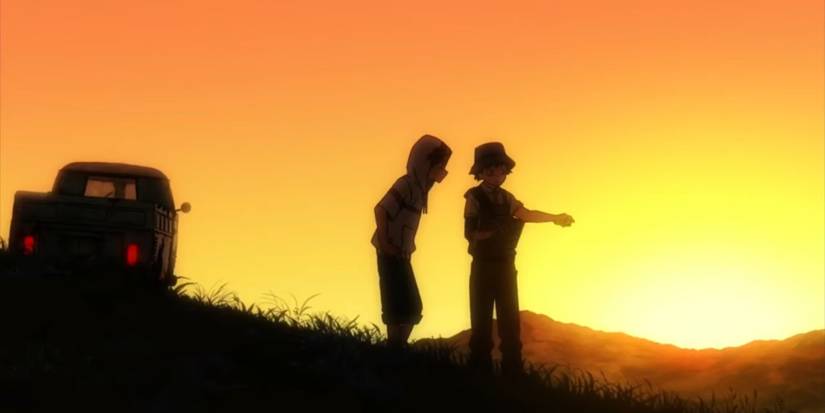 My Hero Academia Deku and Rody on hillside at sunset