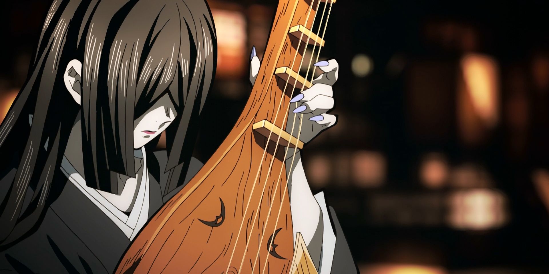 Nakime plays her Biwa while summoning the Lower Moons to the Infinity Castle in Demon Slayer