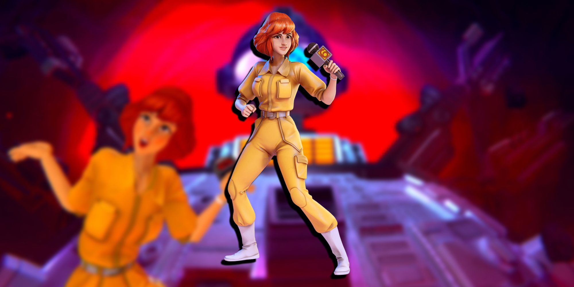Nickelodeon All-Star Brawl - PNG Render Of April O'Neil Overlaid On Image Of April Shrugging In A Match