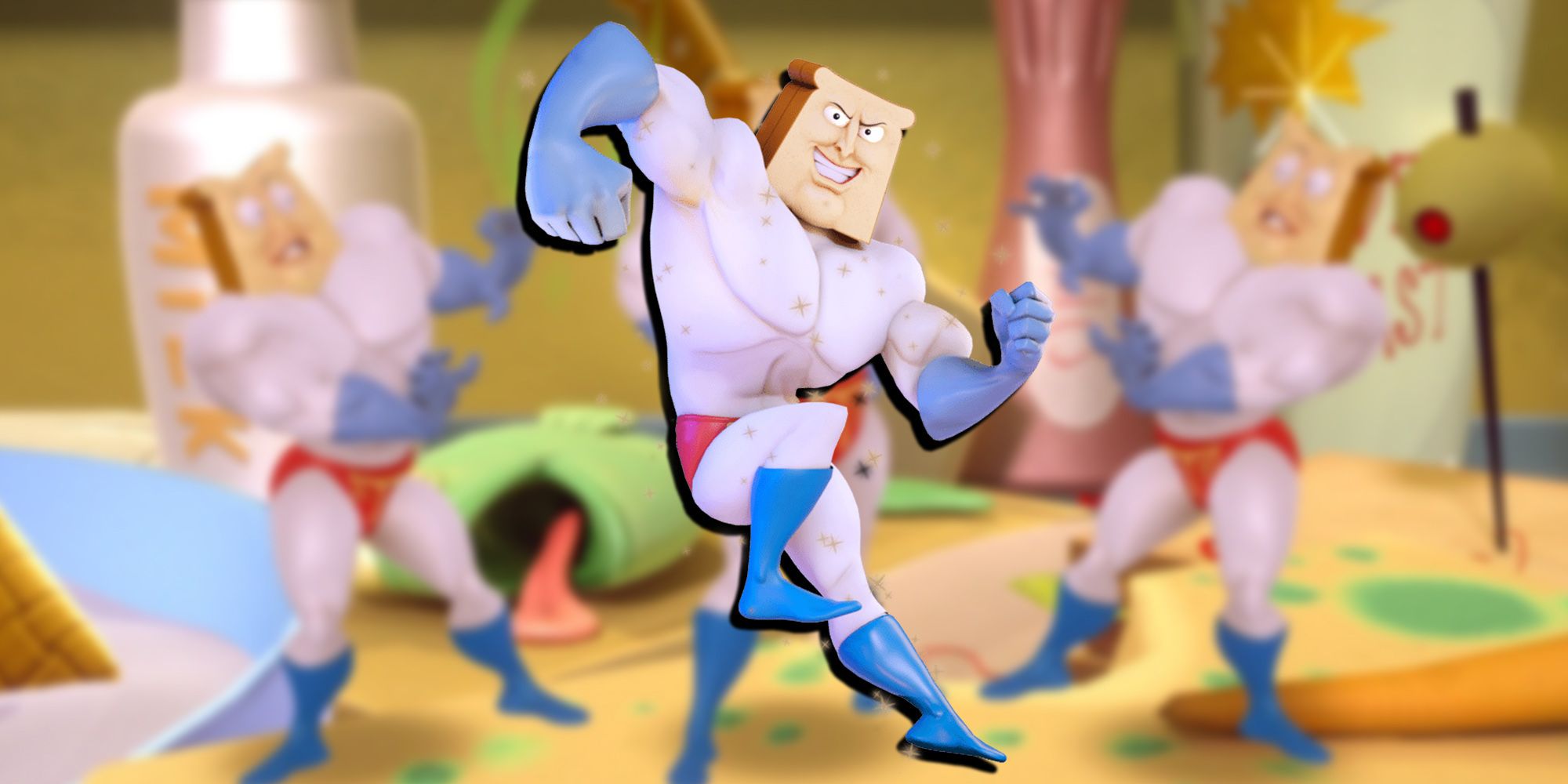 Nickelodeon All-Star Brawl - PNG Render Of Powdered Toast Man Overlaid On Image Of Three PTM's Hanging Out
