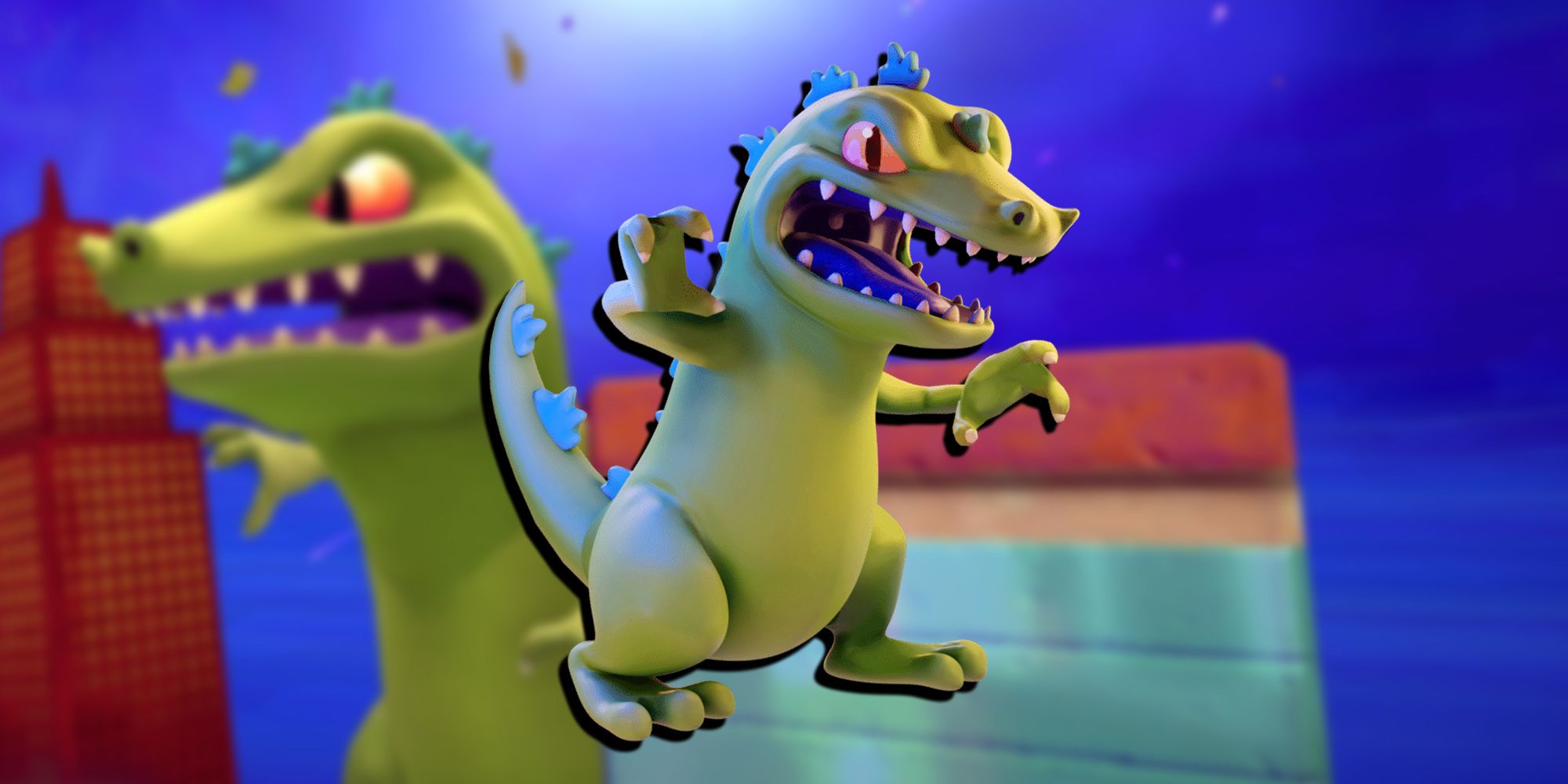Nickelodeon All-Star Brawl - PNG Render Of Reptar Overlaid On Image Of Reptar's Win Animation