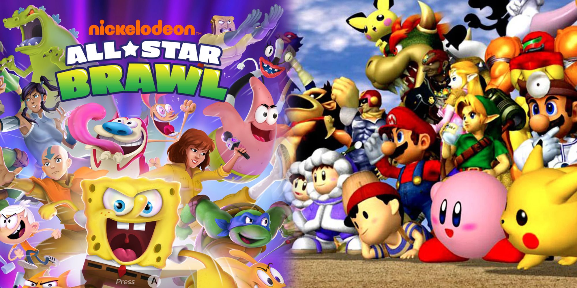 Nickelodeon All-Star Brawl - Title Screen For All-Star Brawl Compared To Group Shot From Super Smash Bros Melee