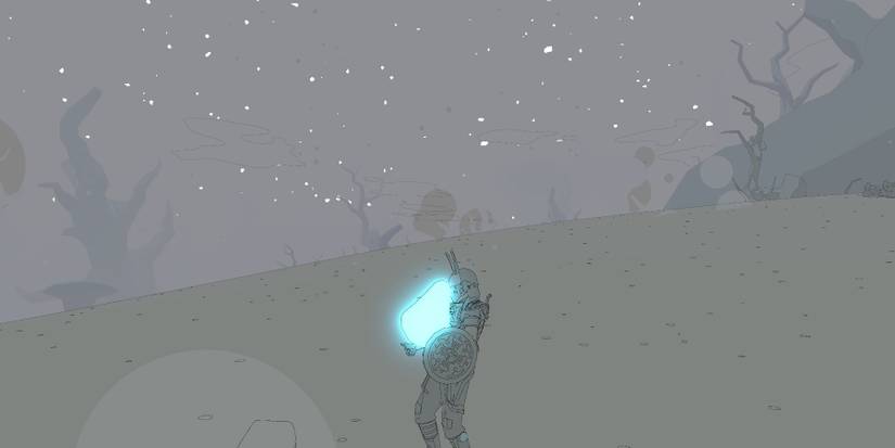 Sable holding a glowing blue seed pod in a hazy forest