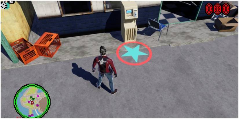 No More Heroes 3 Travis standing in front of an icon marking the ATM